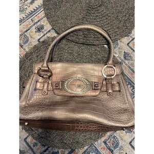 Guess Rose Gold Metallic Croc Embossed Tote Bag Faux Leather Structured Handbag